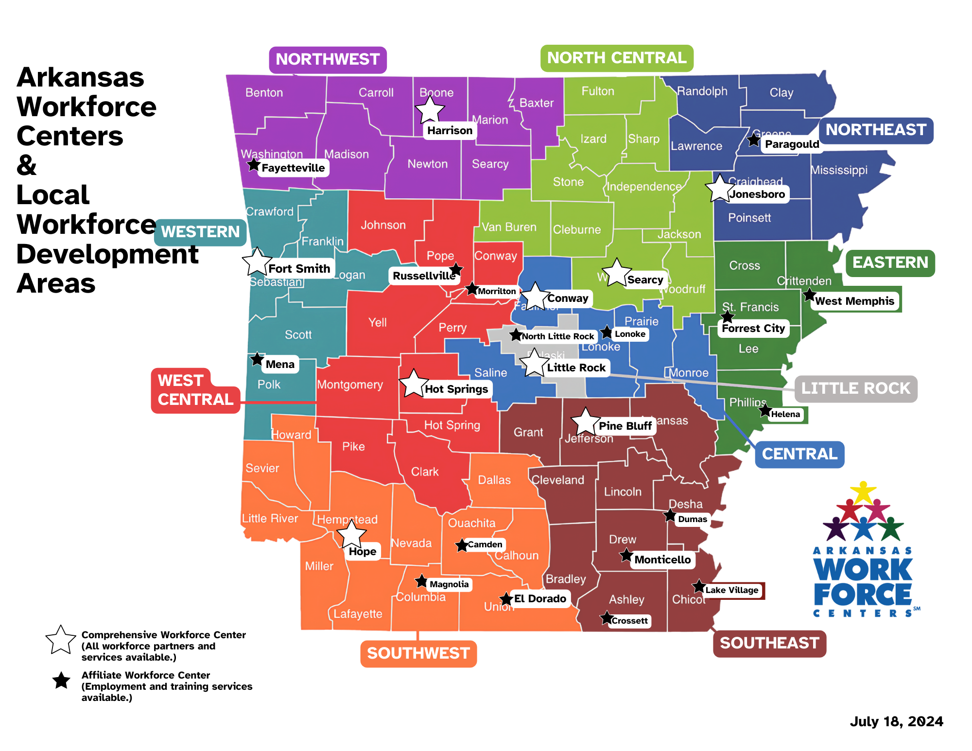 Map of Workforce Centers. Addresses are included below.