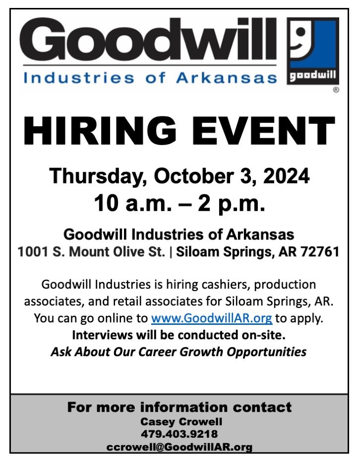 Goodwill Hiring Event Flyer 2024 Oct 3 Siloam Springs