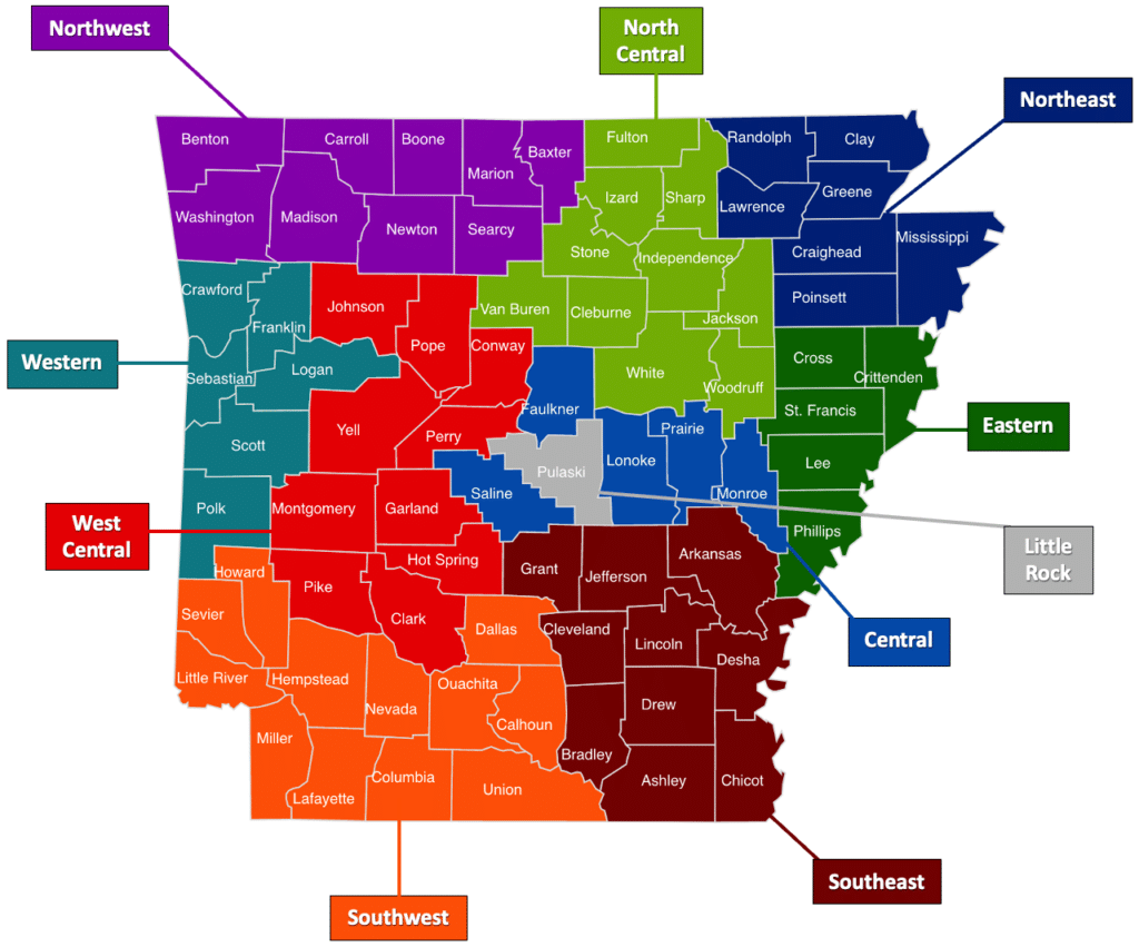 State of Arkansas with workforce regions and their counties