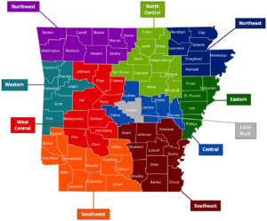 State of Arkansas with regions and their counties