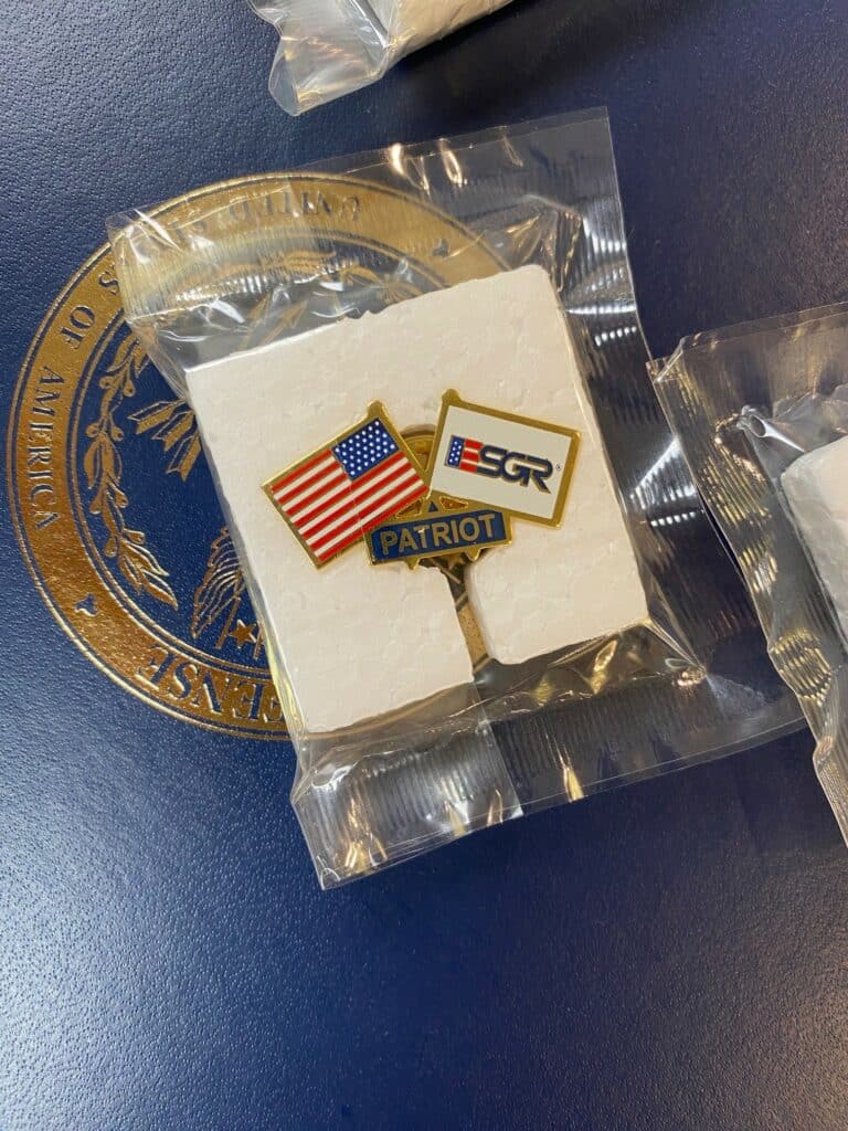 A pin with the American flag and ESGR flag over the word Patriot