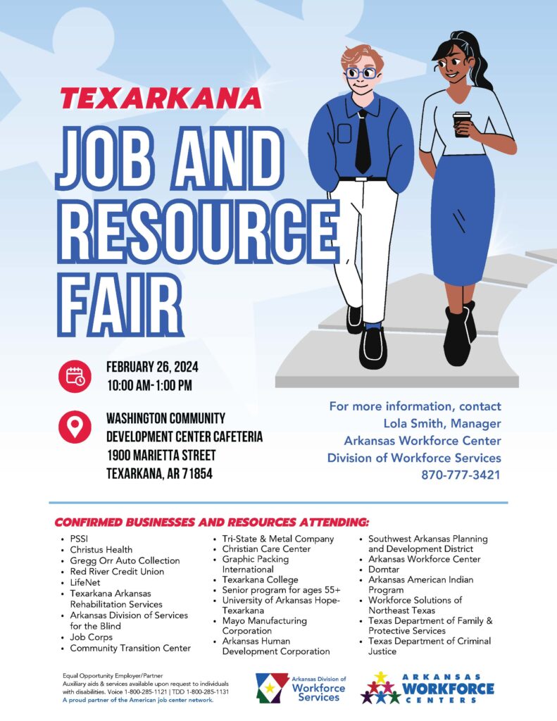 Texarkana job and resource fair flyer 2-26-2024 from 10 am to 1 pm
