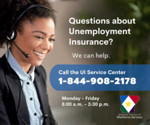 Woman talking on phone regarding questions about unemployment insurance Monday - Friday 8 am to 3:30 pm 1-844-908-2178