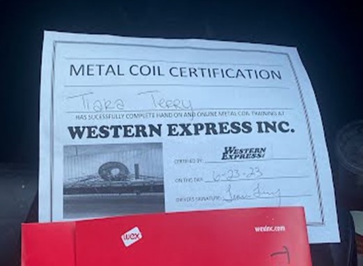 Tiara Terry's Metal Coil Certification Western Express Inc